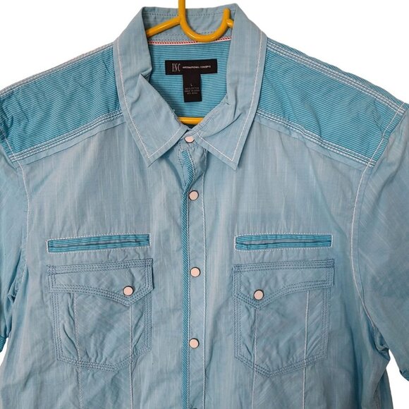 INC International Concepts Mens L Blue Short Sleeves Snap Front Western Shirt - Picture 2 of 6